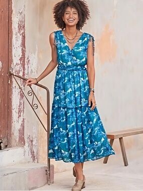 Sundance Maren Meadow Sleeveless Tiered Tie Midi Dress Blue Floral